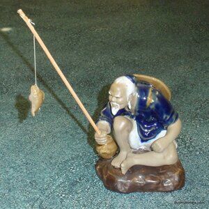 Vintage China Mud Men Handmade Figurine 5" Fisherman With Pole - Christmas Gift!
